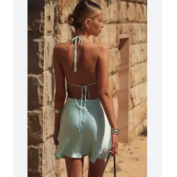 SNDYS Rosita Halter Mini Dress in Fresh Mint With Stone Bead Straps NEW - Picture 4 of 9